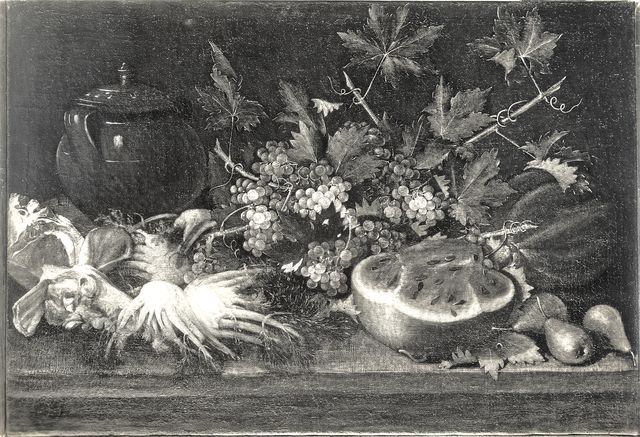 Brogi — Malagoli Francesco - sec. XVIII - Natura morta con carne, finocchi, tralci d'uva, cocomero, pere e vaso — insieme